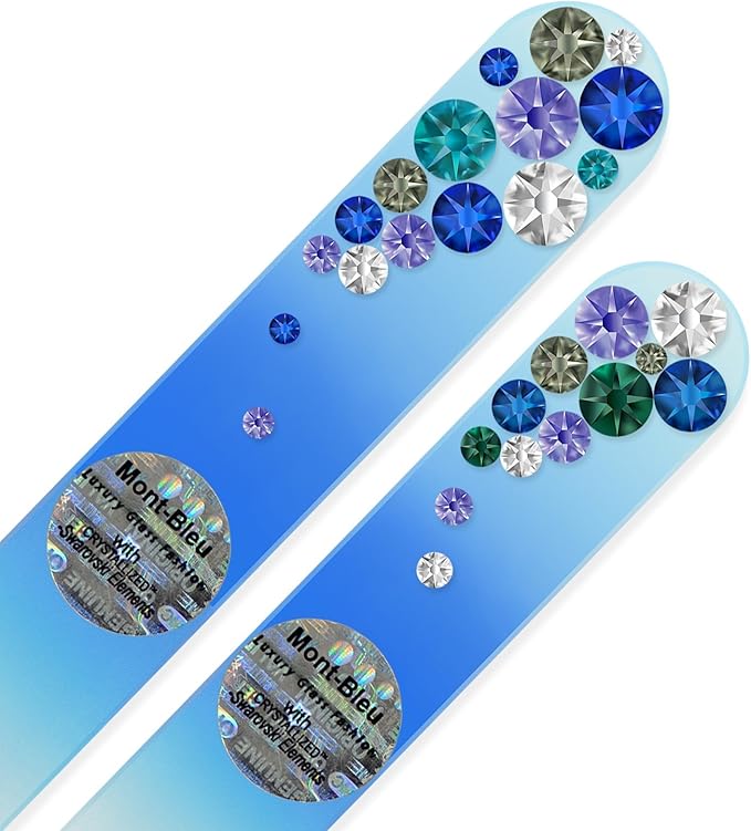 Mont Bleu Crystal Nail Files - Set of 2 Glass Nail Files Hand Decorated with Crystals - Handmade - Czech Tempered Glass - Premium Fingernail File for Natural Nails