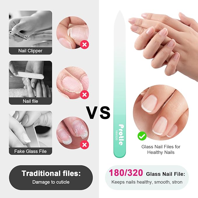 Glass Nail Files for Natural Nails，1Pack Double Sided 180/320 Crystal Nail Filer with Case,Professional Fingernail Files for Women Girls Gifts (Green)