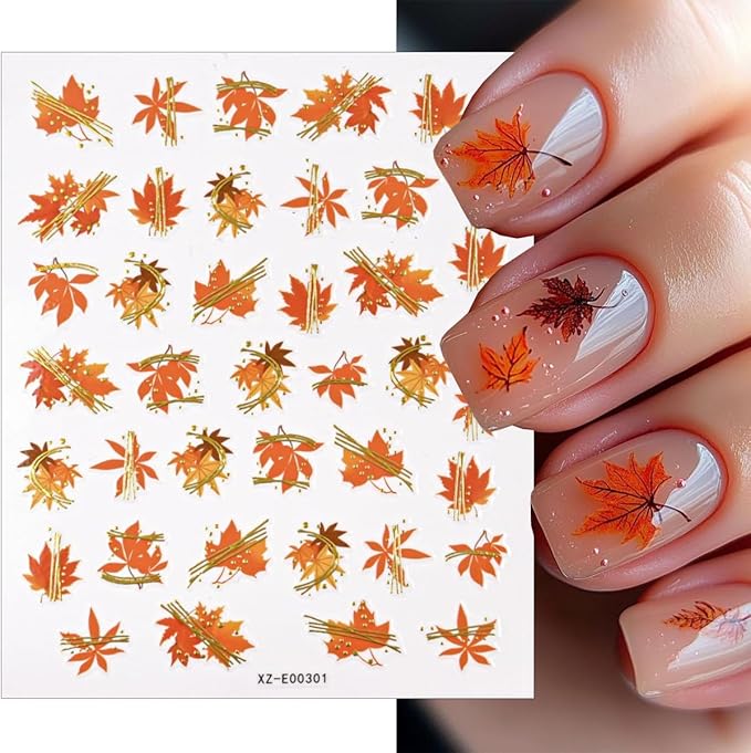 6 Sheets Fall Nail Art Stickers Autumn Maple Leaf Nail Stickers Thanksgiving Pumpkins Maple Leafs Nail Decorations Self-Adhesive 3D Gold Line Nail Design Sticker for Women DIY Manicure Supplies