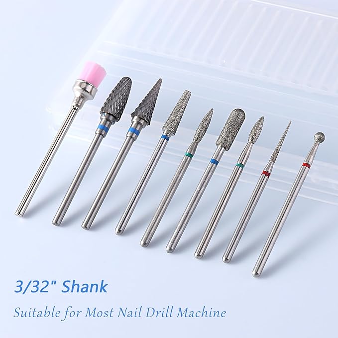 Nail Drill Bits Set, 9PCS Cuticle Cleaner & Carbide Bits for Acrylic Nails, Manicure Pedicure Remover Tools, Professional Nail Salon Supplies, fresas para drill nails - 3/32" Shank
