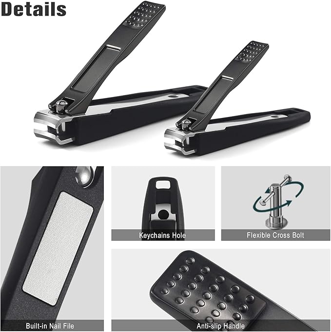 FERYES Nail Clippers with Catcher 2 PCS Set, No Splash Fingernail Clipper and Toenail Clipper, Stainless Steel Nail Cutters - W/Black Metal Case Packing