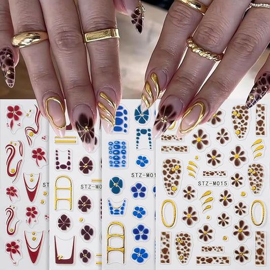 Fall Nail Stickers for Nail Art, 4 Sheets Flower Nail Decals 3D Self Adhesive Manicure Supplies Autumn Winter Nails Design French Tip Nail Art Stickers Flowers Acrylic Nail Decoration for Women Girls