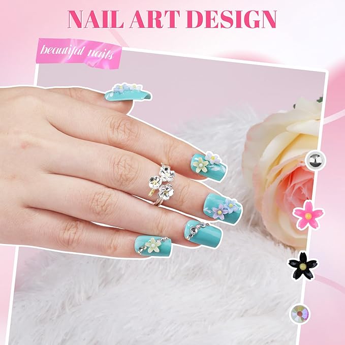 2 Boxes Colorful Flower Nail Charms and Gems, Iridescent Nail Flower Charms Crystal AB Clear Gemstones Silver/Gold Caviar Beads Glass Bubble Beads with Nail Chain for DIY Manicure Crafts (8-S2-Mixed5)