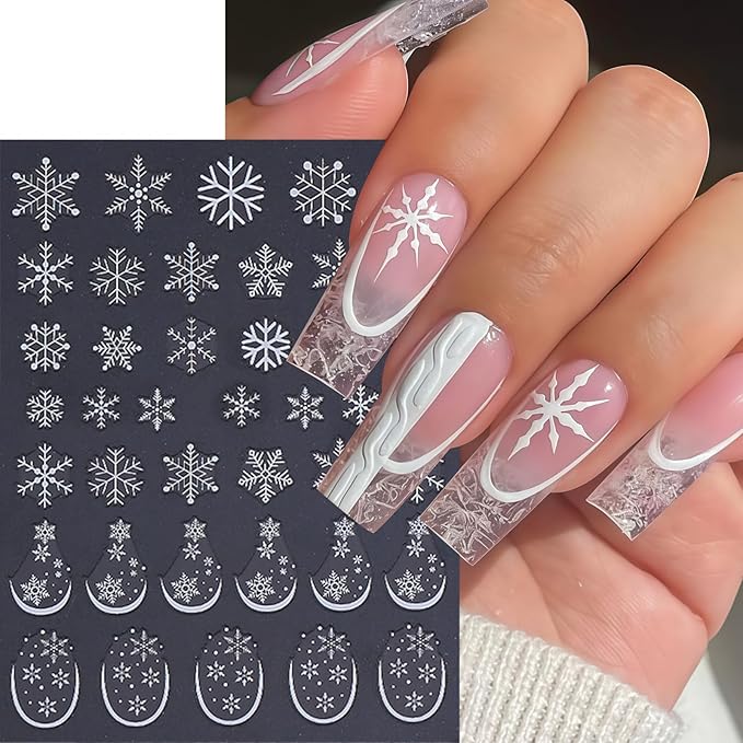 6 Sheets Christmas Nail Art Stickers 3D Self-Adhesive White Snowflake Nail Decals Winter Gold White Blue Snowflake French Nail Design Holiday DIY Manicure Decoration Supplies Accessories for Women