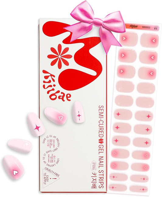 60% Semi-Cured Gel Nail Strips Kit (lover girl) – Long Lasting, Easy to Apply Premium Gel Strips Set, 24 pcs, Includes 2 Prep Pads, Nail File, Cuticle Stick