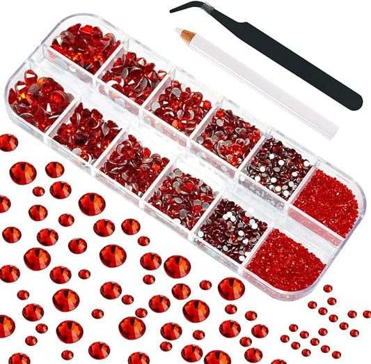 4010pcs Red Rhinestones Nail Gems Siam Red Round Flatback Stones 6 Sizes(1.6-6.1mm) to SS30 K9 Glass Non-Hotfix Ruby Red Nail Crystals Jewels Nail Art Nail Charms for Nails Eyes Face Makeup Crafts DIY