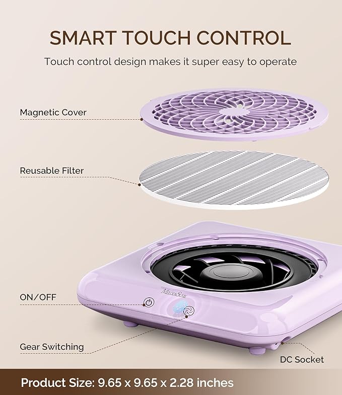 MelodySusie Nail Dust Collector,SproF Professional 4500 RPM Nail Vacuum Fan Vent Dust Collector with 3 Suction,Touch Control,Powerful Suction Nail Tech Tools Manicure Accessories for Nail Salon,Home
