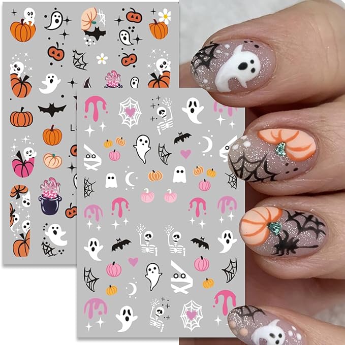 5 Sheets Halloween Nails Stickers Spider Web Bat Nails Art Stickers 3D Self-Adhesive Supplies Nail Decal with Evil Pumpkin Skeleton Design Nail Sticker for Nail Art Women's DIY Decoration
