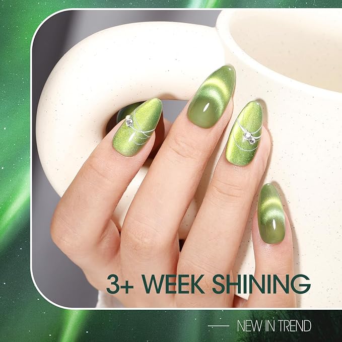 Gellen Cat Eye Gel Nail Polish, 18ML Bright Green Magnetic & Holographic Glitter, UV/LED Manicure Nail Art Designs