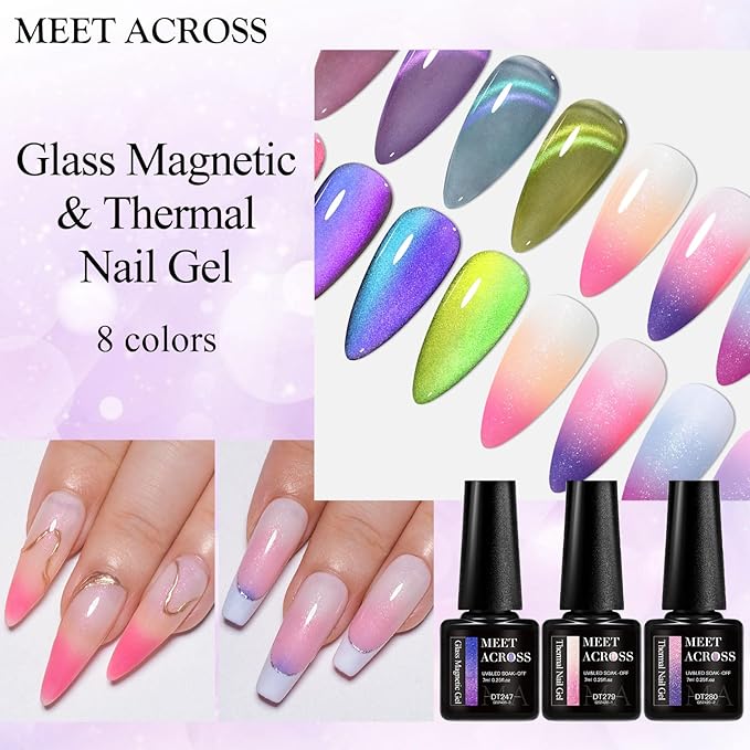 MEET ACROSS 8pcs Cat Eye Gel Nail Polish Set, Soak off UV LED Lamp Home Manicure Kit 7ml (Cat Eye + Glitter Warm Up)
