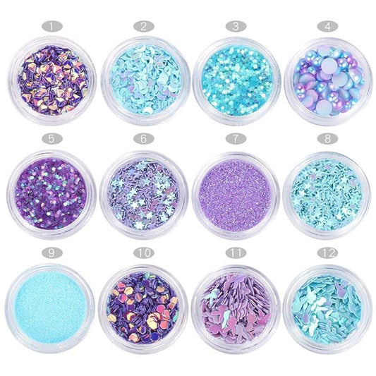 Nail Art Flakes 3D Shiny Acrylic Glitter Sequin Decoration Sparkles DIY Charms Mermaid Pearl 12 Pots