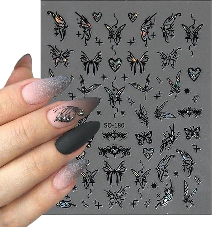6 Sheets Butterfly Nail Art Stickers Decals 3D Self-Adhesive Holographic Aurora Black and White Butterfly Nail Design Stickers Women DIY Nail Art Decoration