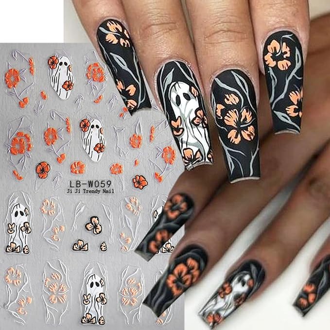 5 Sheets Halloween Nail Art Stickers Horror Skull Flower Nail Stickers Scary Embossed Ghost Spider Web Nail Decals 5D Self-Adhesive Strawberry Spider Nail Decoration for Women Girls Nail Designs