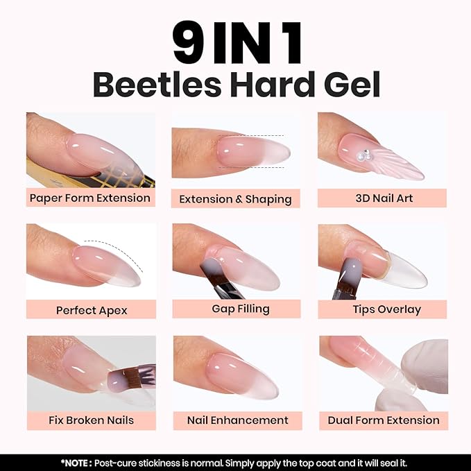 Beetles Builder Gel for Nails, 60g Sculpture Hard Gel with Dual Nail Pen Forms for Nail Thickening, 10 in 1 Manicure Extension UV Strengthener for Manicurist and Nail Art Major