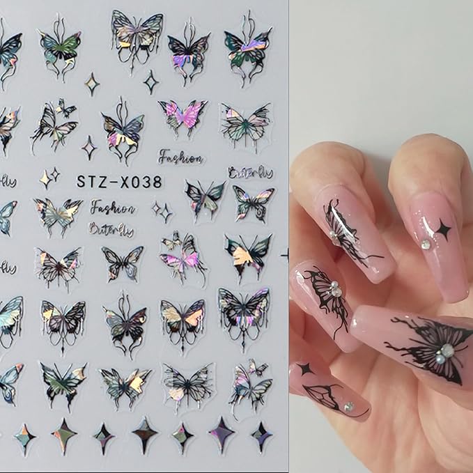 6 Sheets Glitter Black Pink Butterfly Nail Art Stickers, 3D Holographic Laser Embossed Pendant Butterfly Design Nail Decals Star Heart Shape Nail Stickers for Women DIY Nail Decoration