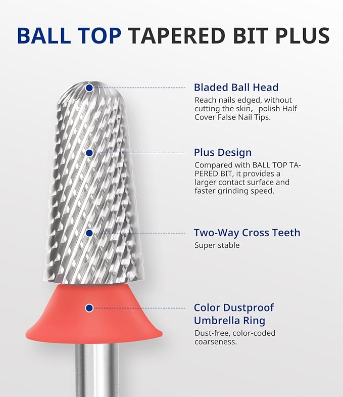 AIRSEE Tungsten Carbide Acrylic Nail Drill Bit Efile Electric File Machine Head Tip for Manicure Polishing Art Remove Gel 3/32" 2 Way Safety Use Big Ball Top Tapered Bit Plus Cone Shape Fine-F