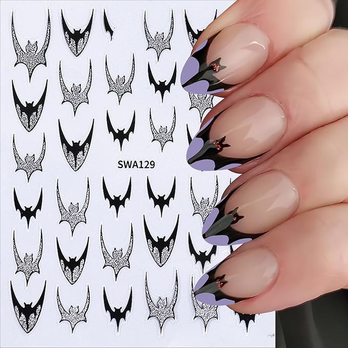 Halloween Nail Art Stickers, Glitter Dark Bat Nail Decals 3D Self-Adhesive with Sparkle Gold Sparkle Silver Bat Design 4PCS Halloween Nail Art Supplies for Women