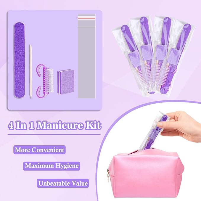 20 Sets Disposable Manicure Kit Basics 4 Piece Nail Kit for Travel,Handle Grip Brush,Mini Nail Buffer Nail File and Wood Stick for Gifts Salon Home Professional(20 Set -Purple)