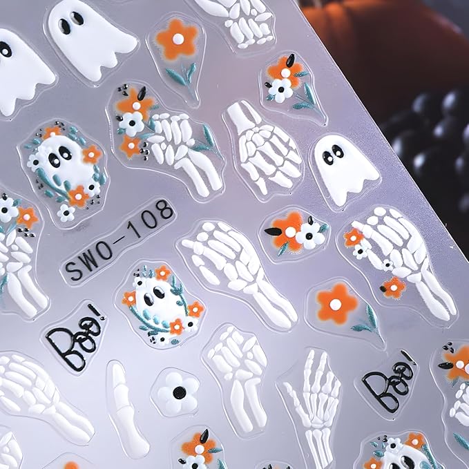 2 Sheets Halloween Nail Art Stickers Flower Nail Stickers 5D Self-Adhesive Colorful Spider Nail Decals Cute Ghost Nail Art Skeleton Nail Supplies Decoration for Women and Girls