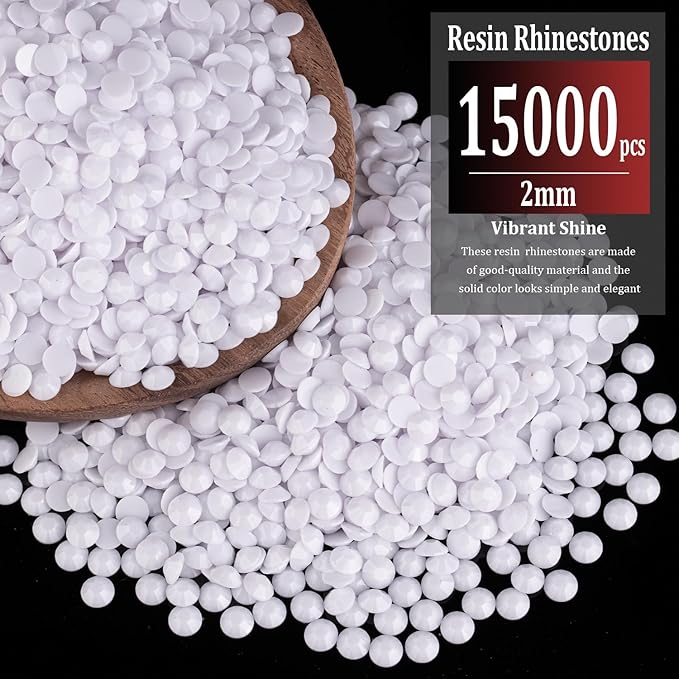 15000pcs 2mm Resin Rhinestones Bulk, White Flatback Round Jelly Rhinestones Bedazzling Non Hotfix Crystal Gems Large Quantity Wholesale for DIY Crafts Clothes Bottles Tumblers Face Makeup Manicure