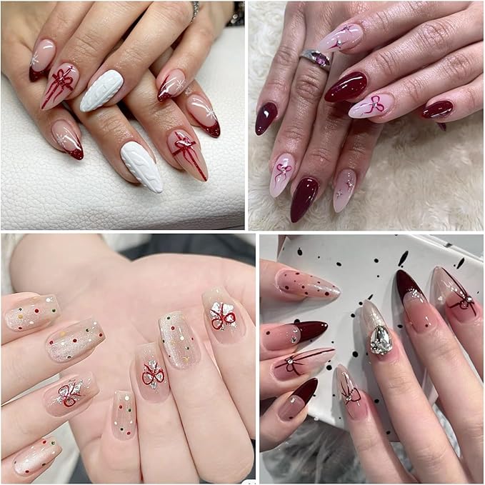 4Sheets Bow Nail Stickers for Nail Art Set, Bow 3D Nail Art Sticker Self-Adhesive Black White Red Bow Shiny Clear Diamond Nail Designs Cute Bow Decals for Women Girls Bow-Knot Manicure Decorations