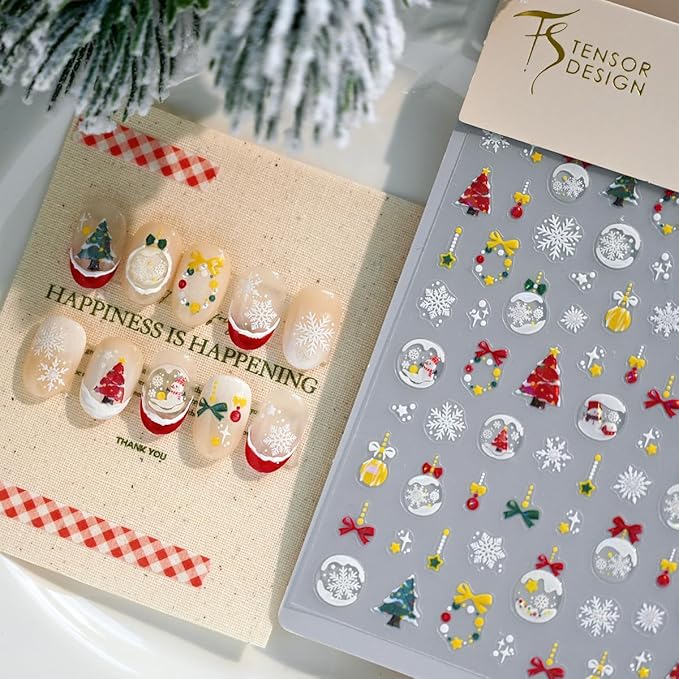 1 Sheet Christmas Nail Art Stickers Snowflake Nail Decals Bow Star Red Green Yellow Ball Christmas Nail Design Relief Wreath Stickers for Manicure Supplies for Women Nail Decoration