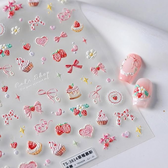 Strawberry Nail Stickers Pink Bow Nail Art Stickers 5D Self-Adhesive Nail Decals Strawberry Cake Nail Design Pink Nail Art Decoration Accessories for Women and Girls