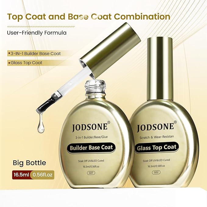 JODSONE Top Coat & Base Coat Gel Polish,2Pcs 16.5ml No Wipe Base Coat and Top Coat Set for Long Lasting Need U V Lamp Cured at Home DIY Nail Salon Girl Gift