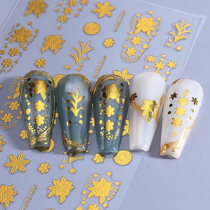 Fall Maple Leaves Nail Art Stickers for Thanksgiving, Gold Maple Leaves Nail Decals 3D Self-Adhesive with Gold Flowers Leaf Design 4Pcs Fall Glitter Nail Art Supplies for Women Nail Decoration