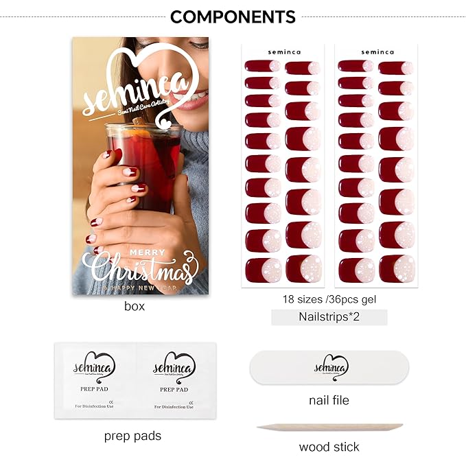 Semi Cured Gel Nail Strips-Christmas Nail Art Stickers Decals DIY New Year Xmas Holiday Nail Decor(Christmas Red French)