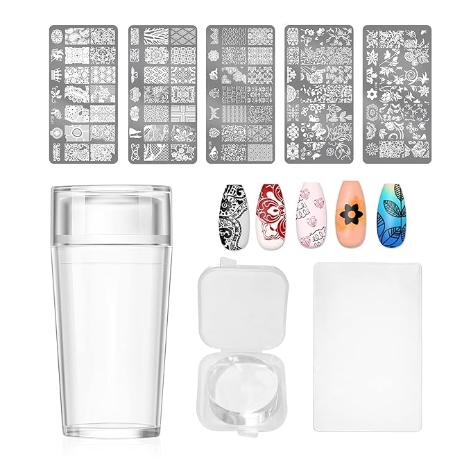 X&D Nail Art Stamper Clear Jelly Nail Art Stamping Transparent Silicone Rubber Nail Polish Stamper with Acrylic Scraper, Spare heads, Stainless Steel Plate Kit for French Tips and Transfer Images B