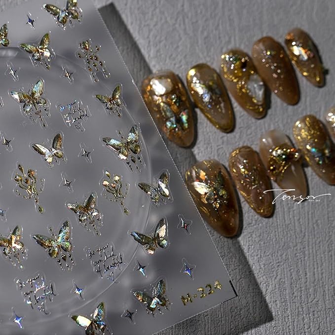 Butterfly Nail Art Stickers and Decals - 5D Embossed Gold Butterflies Star Accessories for Women Girls Spring Summer Decoration - Shiny Art Supplies
