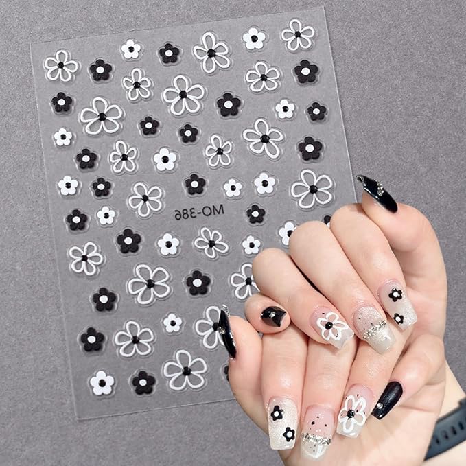 4 Sheets Embossed Flower Nail Art Stickers Flower Nail Decals 5D Self Adhesive Black and White Floral Nails Design Stickers Jelly Nail Supplies for Women and Girls Acrylic Manicure Decoration