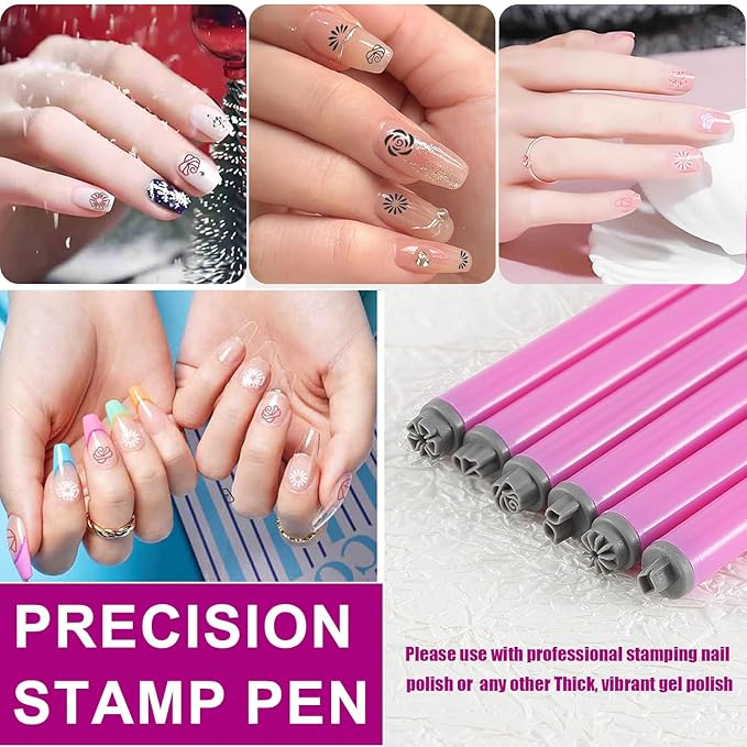 WOKOTO 6Pcs Nail Art Stamp Pen Set Flower Butterfly Leaves Nail Stamper Pen Nail Art Transfer Pen Design Tools Nail Stamping Pens Kit Nail Art Tool With Different Patterns Nail Art Tools For Women