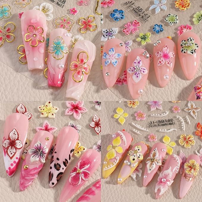 Flower Nail Stickers 5D Embossed Lily Flower Stickers for Nails Hibiscus Self Adhesive Floral Nail Decals Gold Flower Nail Charms Vacation Design Pegatinas para Uñas 4 Sheet