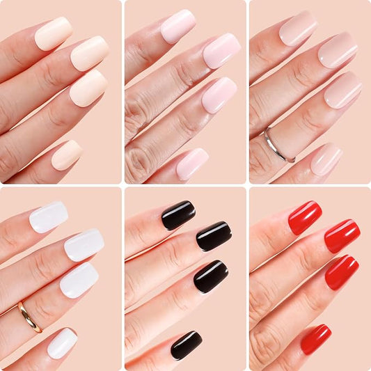 Makartt Press on Nails Kit: Short Classic Monochrome Coffin Tips in 6 Styles 144PCS, Natural Fit with Adhesive Tabs, Nail Glue, and File, Manicure Set for Home Salon