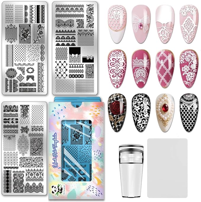 PH PandaHall 3pcs Lace Pattern Nail Stamping Plates Flower Lace Nail Art Templates Retro Laces Border Nails Design Stamp Stainless Steel Nails Image Plates for Women Manicures Salon Design Printing