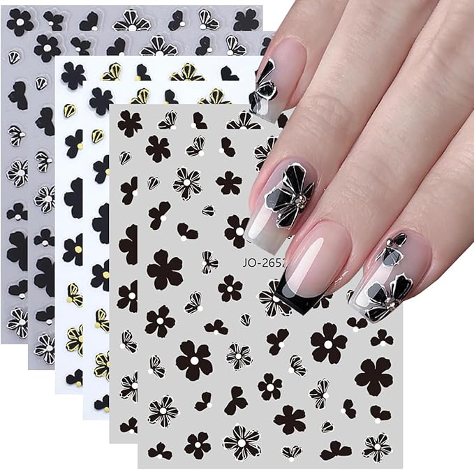6Sheets Camellia Petals Nail Art Stickers 3D Metallic Flowers Nail Decals Engraved Flower Nail Sticker Black Gold Silver Designs Self-Adhesive Floral Nail Supplies for Women French Manicure Decoration