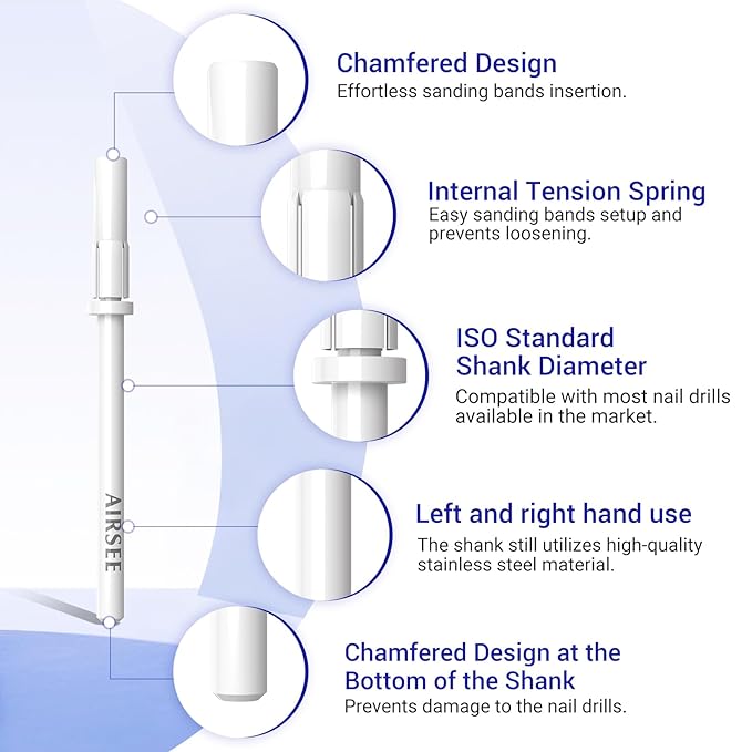 AIRSEE 3.1mm Small Nail Drill Mandrel Bits for Mini Efile Sanding Bands, Stainless Steel Professional Electric Head Clean Remove Cuticle Removing, Acrylic Manicure Sander Safety (White)