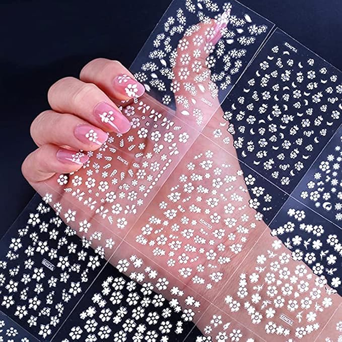 30Sheets Floral Nail Art Stickers Decals 3D Self Adhesive White Flower Designs Nails Supplies White Flower Stickers with Rhinestones Nail Decorations for Women Manicure Transfer Tool Nails Wraps