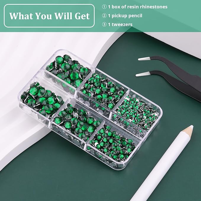 Resin Rhinestones for Crafting, 1 Box Dark Green Multi Sizes Flatback Bedazzling Crystals for Crafts Nail Art Deco, Non Hotfix Gems Charms for Tumbler Shoes Clothing Fabric Face Makeup