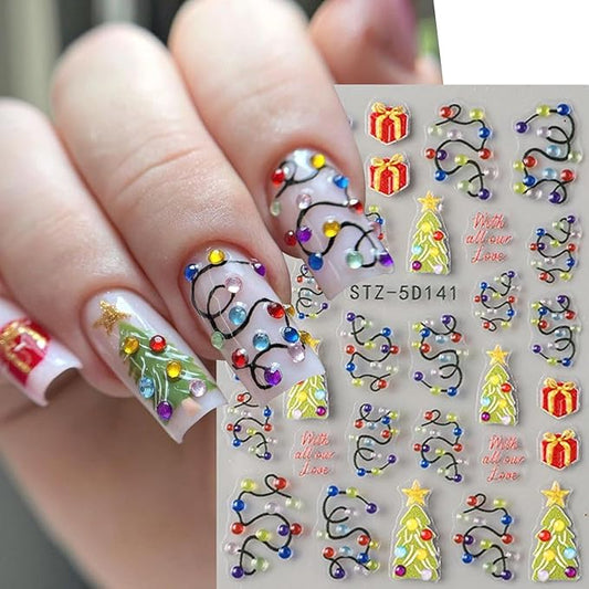 2pcs Christmas Nail Art Stickers 5D Embossed Colorful Christmas Light Strips & Green Christmas Tree Design Nail Adhesive Stickers Xmas Nail Decals Red Gift Sticker for Women DIY Manicure Decor Tips
