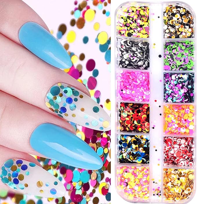 12 Colors Laser Mixed Circle Nail Glitter Sequins 3D Nail Art Accessories Holographic Round Shape Flakes Nail Art Design Acrylic Nails Supplies Women Manicure Beauty Decor DIY Crafts Decorations