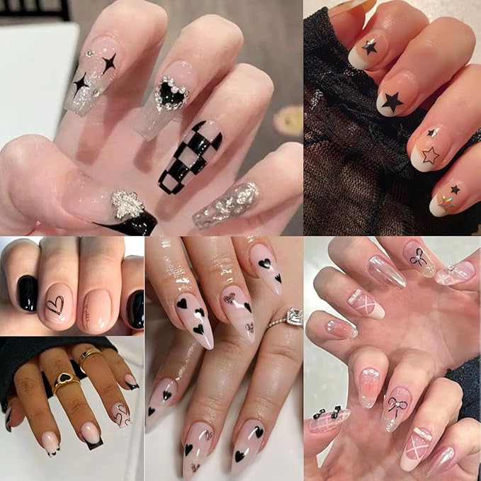 Black White Nail Art Stickers Star Heart Nail Decals Cute Bow Hearts Star Shapes Simple Shiny Pentagram Love Bow Nail Art Designs 3D Self-adhesive Press On Nail Art Charms Sticker Nail Decoration 6PCS