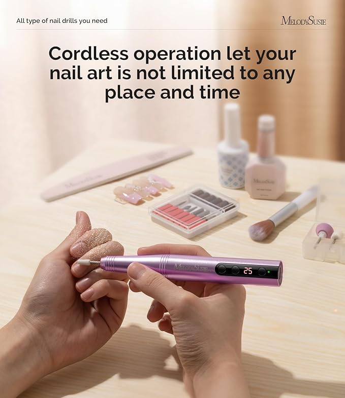 MelodySusie Pen-Shaped Portable CordlessNail Drill, PC180F 25000RPM RechargeableElectric File with LED Display for All NailCare, Manicure Shaping & Acrylic GelRemoval for Nail Artists DIY at Home