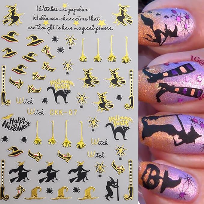 Halloween Nail Stickers Cat Spider Web Ghost Pumpkin Nail Decals 3D Gold DIY Self Adhesive Witch Nail Design Sticker Halloween Nail Decoration Supplies Holiday Manicure Accessories for Women 6Pcs