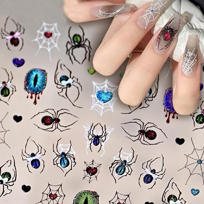 5D Embossed Spider Nail Art Stickers Halloween Nail Stickers Sparkling Eyes Spider Web Nail Decals Gothic Design Manicure Decoration for Women Girls Holiday Nail Supplies 1 Sheets