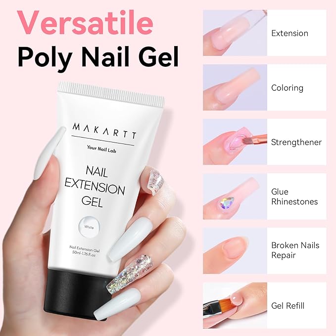 Makartt Poly Nail Gel,White,50ML,Nail Extension Builder for French Manicure, Hard Gels for Nails Strengthener-Long-Lasting and Easy to Use Supplies Salon Nail Art Design Easy DIY at Home