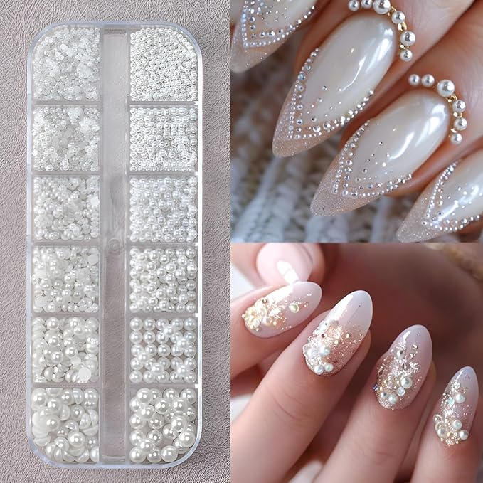 24 Grid Colorful Nail Charms 3D Flat Back Nail Rhinestone Half Round Pearl Nail Art Charms and Gems Kits Colorful Rhinestones for Crafting DIY Nail Art Makeup Decoration