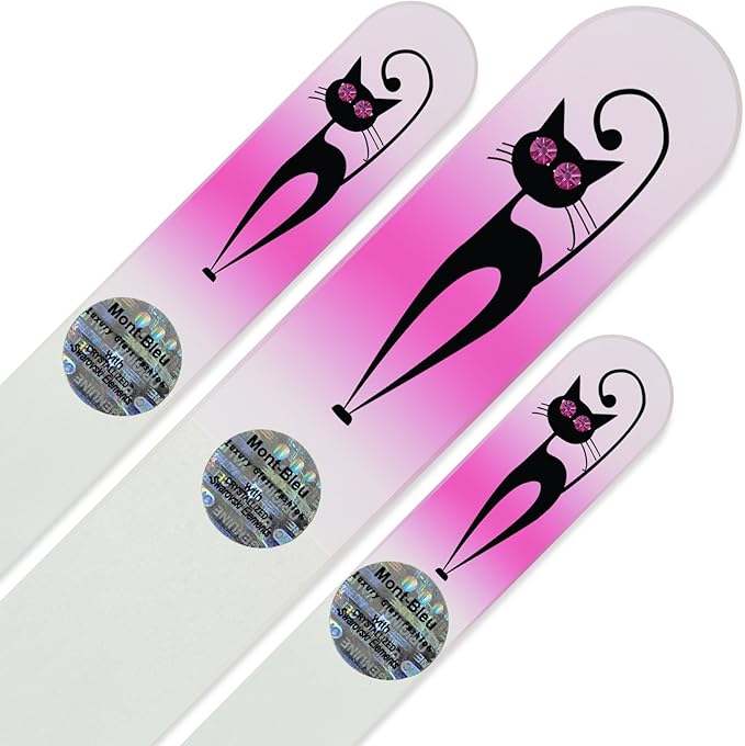Mont Bleu Set of 3 Cats Crystal Nail Files Hand Decorated with Crystals from Swarovski® | Hand Made, Czech Tempered Glass, Lifetime Guaranty, Glass Nail Files for Natural Nails